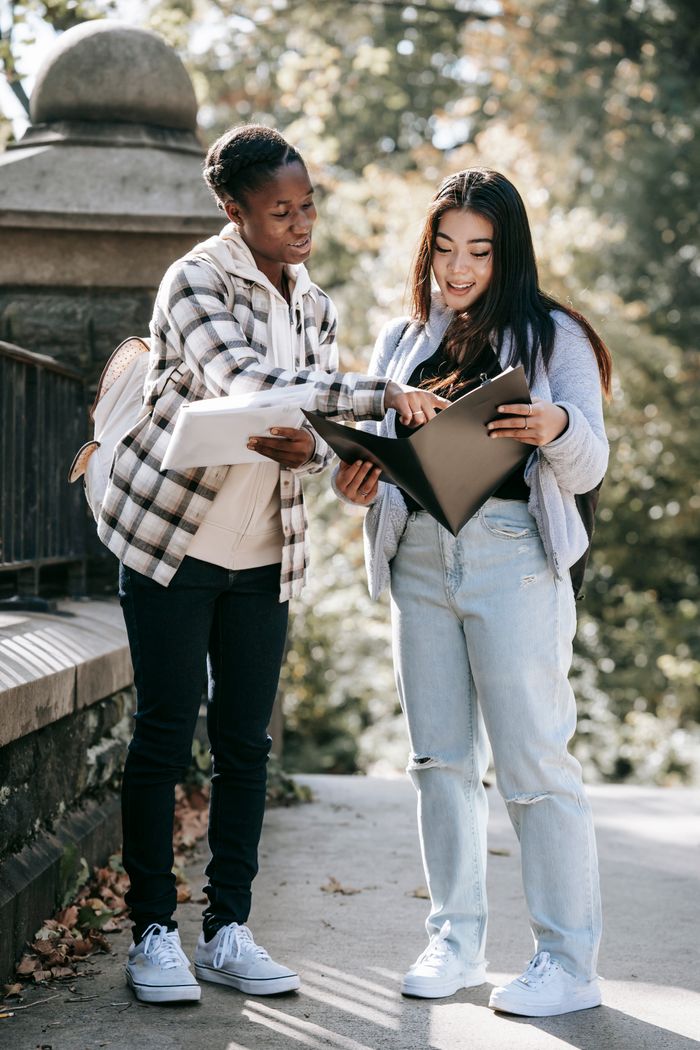 Young African American woman talking to ethnic girlfriend with folder while studying on walkway in city
